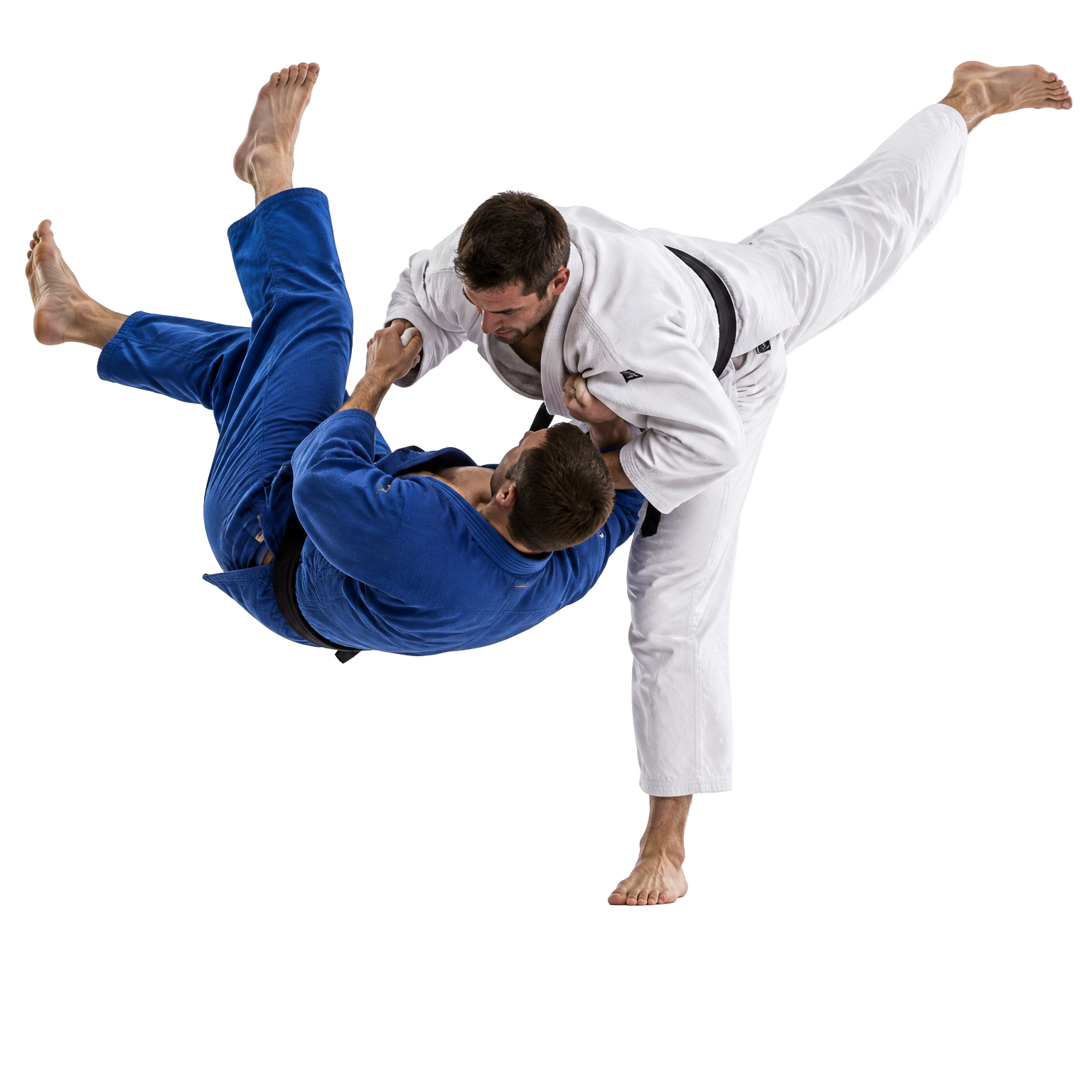 Dois judocas executando Uchi-mata: o atleta de judogi branco gira o quadril e eleva a perna, projetando o oponente de judogi azul